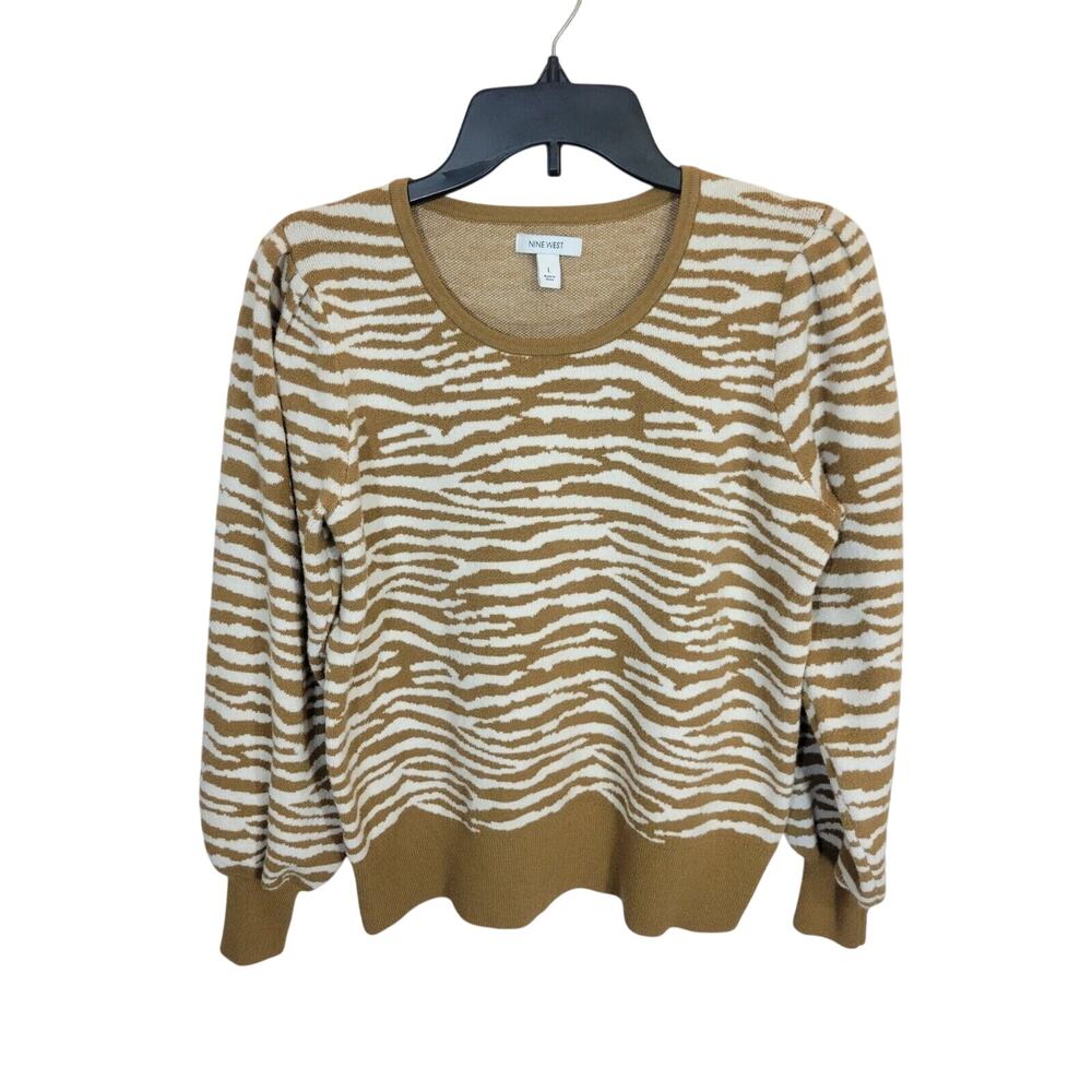 Nine West Zebra Print Pullover Sweater Brown Knit Soft Womens Size Large